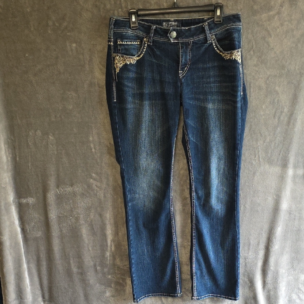 Silver Tuesday Jeans Straight Leg Dark Blue Denim with Embroidered Pockets